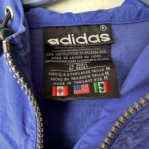 Adidas Jacket Men's Medium Blue Embroidered Zip Hoodie Windbreaker 90s VTG Nylon - Picture 3 of 5